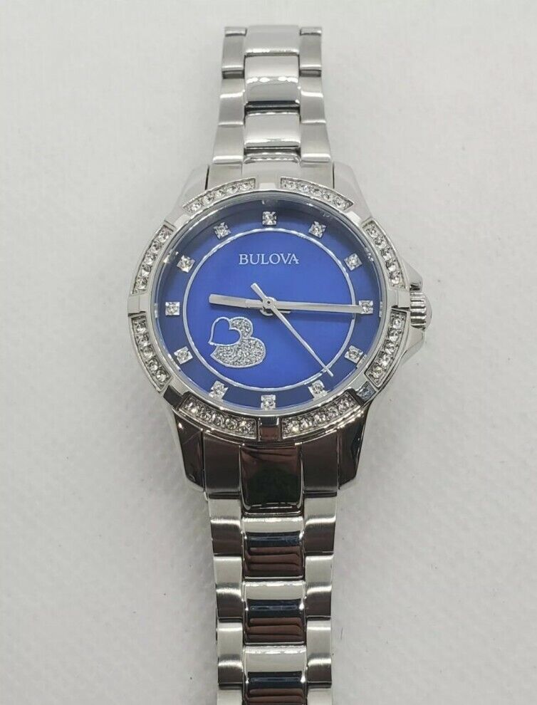 Bulova Crystal Collection Blue Mother of Pearl Dial Silver Steel Strap Watch for Women - 96L238 Watches Bulova   