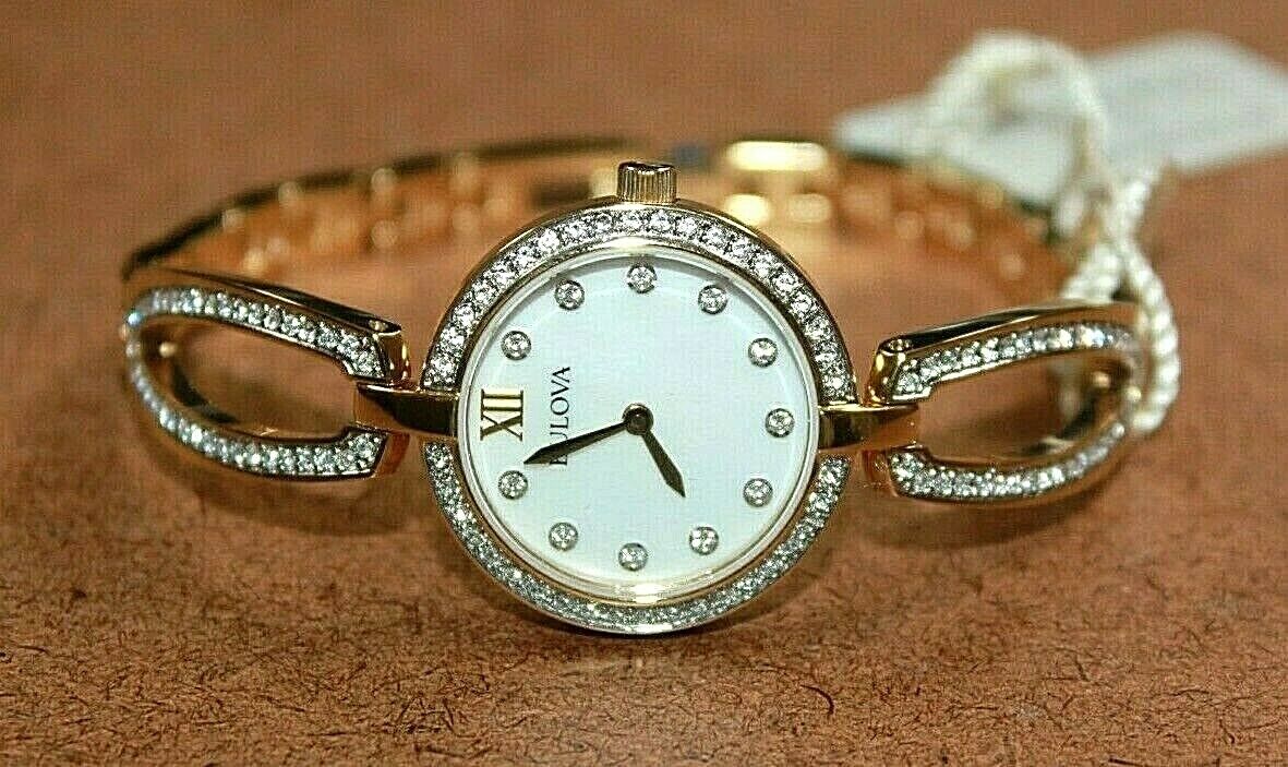 Bulova Crystal Collection Mother of Pearl Dial Gold Steel Strap Watch for Women - 98L225 Watches Bulova   