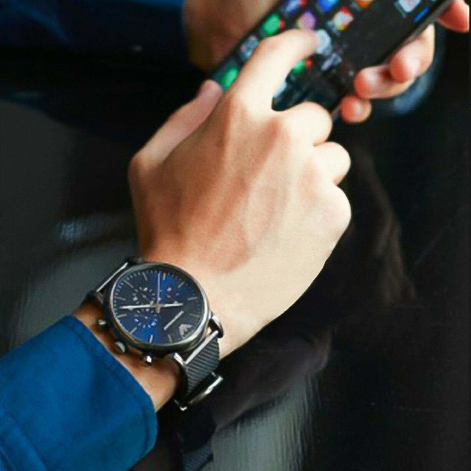 Emporio Armani Chronograph Blue Dial Gun Metallic Mesh Bracelet Watch For Men - AR1979 Watches Emporio Armani   