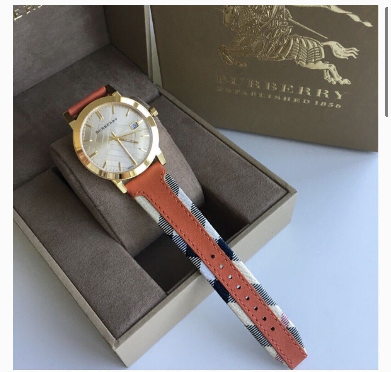 Burberry The City Gold Dial Orange Leather Strap Watch for Women - BU9016 Watches Burberry   