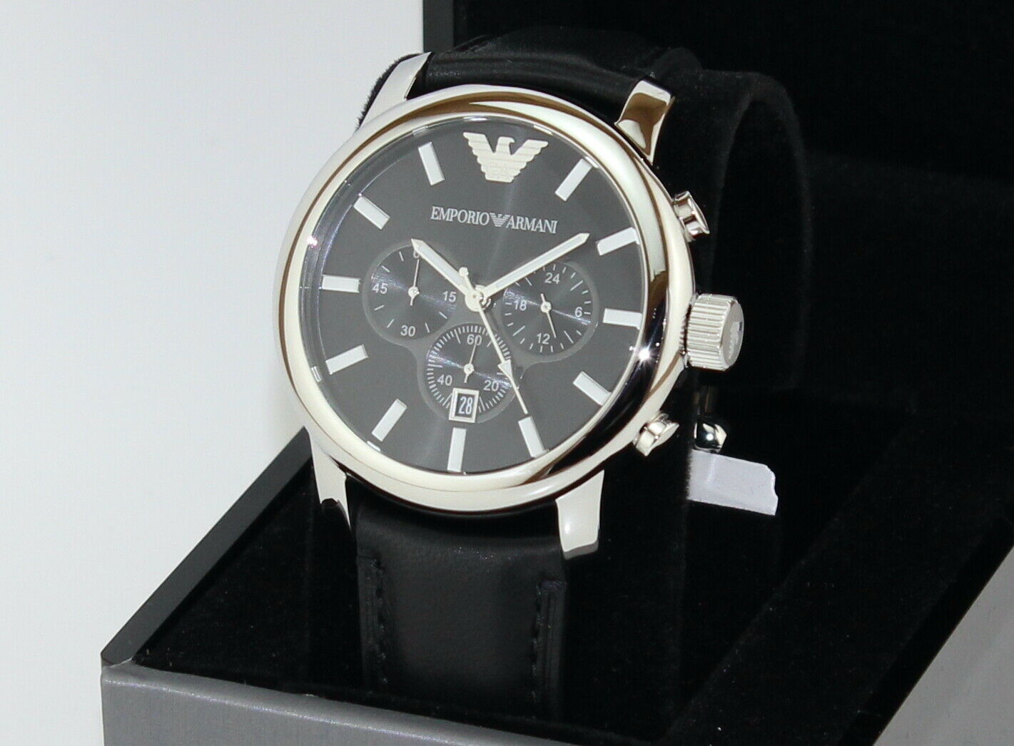 Emporio Armani Classic Chronograph Black Dial Black Leather Strap Watch For Men - AR0431 Watches Emporio Armani   