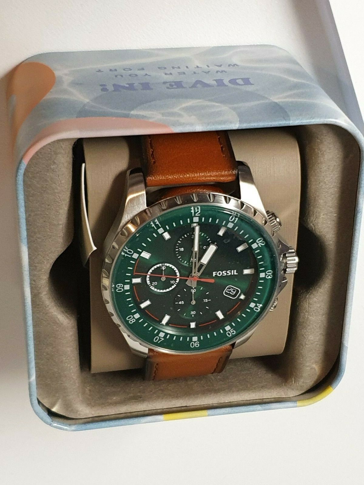 Fossil Dillinger Luggage Chronograph Green Dial Brown Leather Strap Watch for Men - FS5734 Watches Fossil   