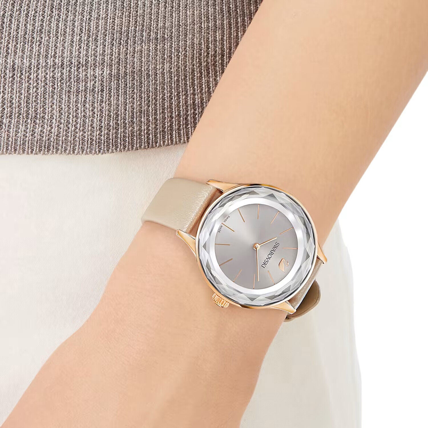 Swarovski Octea Nova Grey Dial Grey Leather Strap Watch for Women - 5295326 Watches Swarovski   