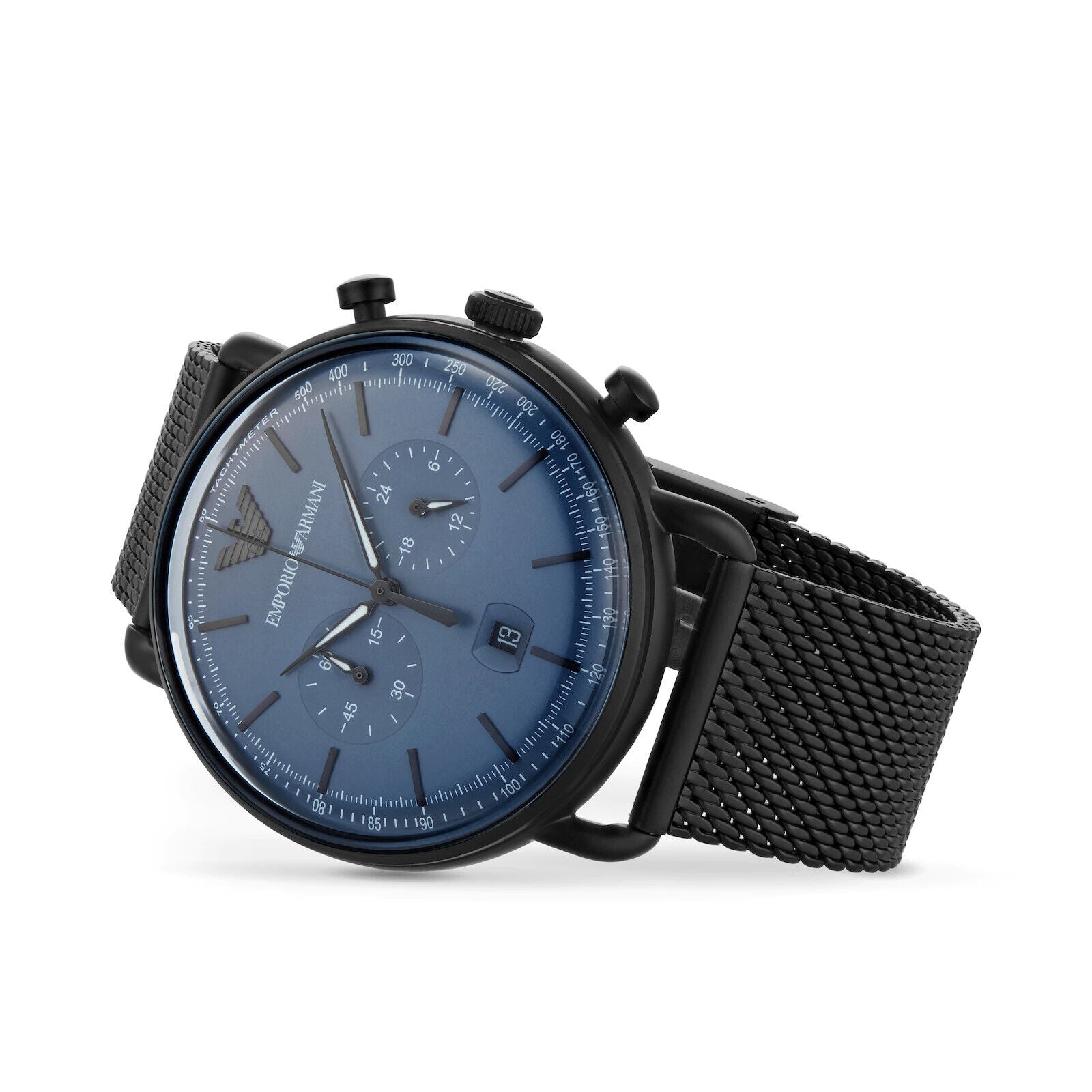 Emporio Armani Aviator Chronograph Blue Dial Black Mesh Bracelet Watch For Men - AR11201 Watches Emporio Armani   