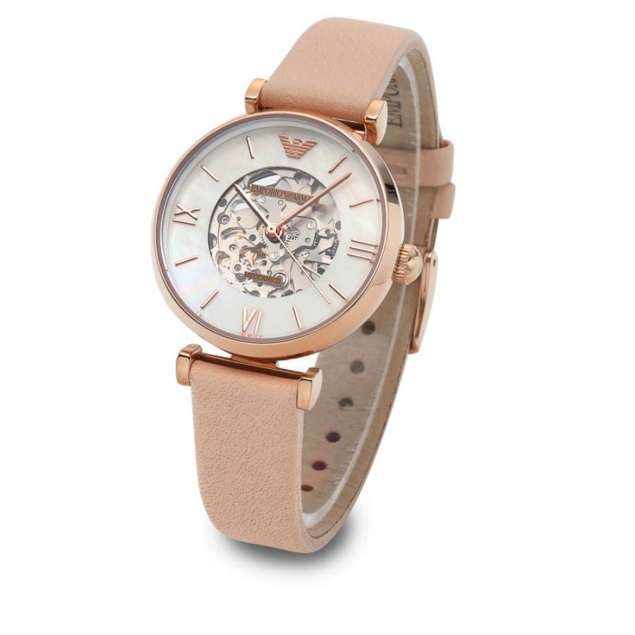 Emporio Armani Meccanico Silver Skeleton Dial Beige Leather Strap Watch For Women - AR60001 Watches Emporio Armani   