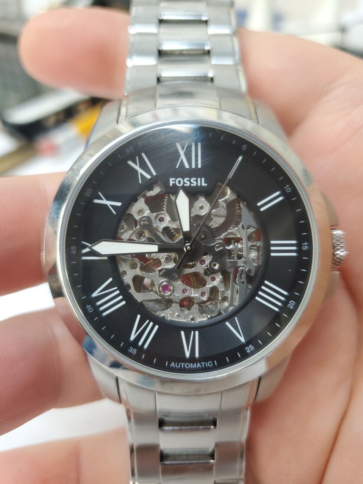 Fossil Grant Automatic Skeleton Black Dial Silver Steel Strap Watch for Men - ME3103 Watches Fossil   