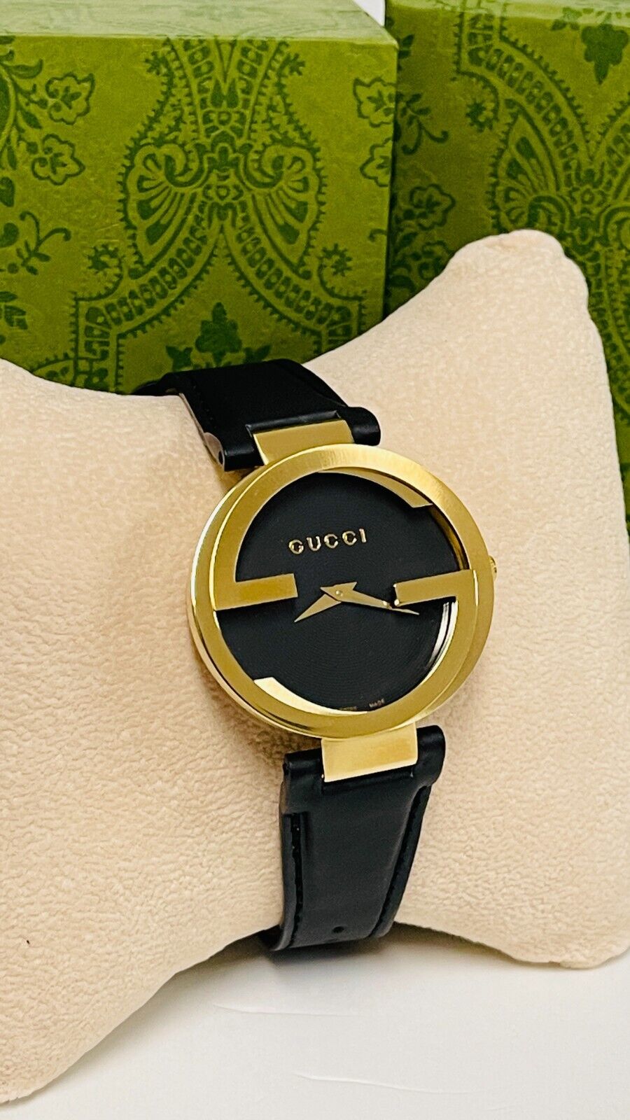 Gucci Interlocking G Gold Black Dial Black Leather Strap Unisex Watch - YA133326 Watches Gucci   