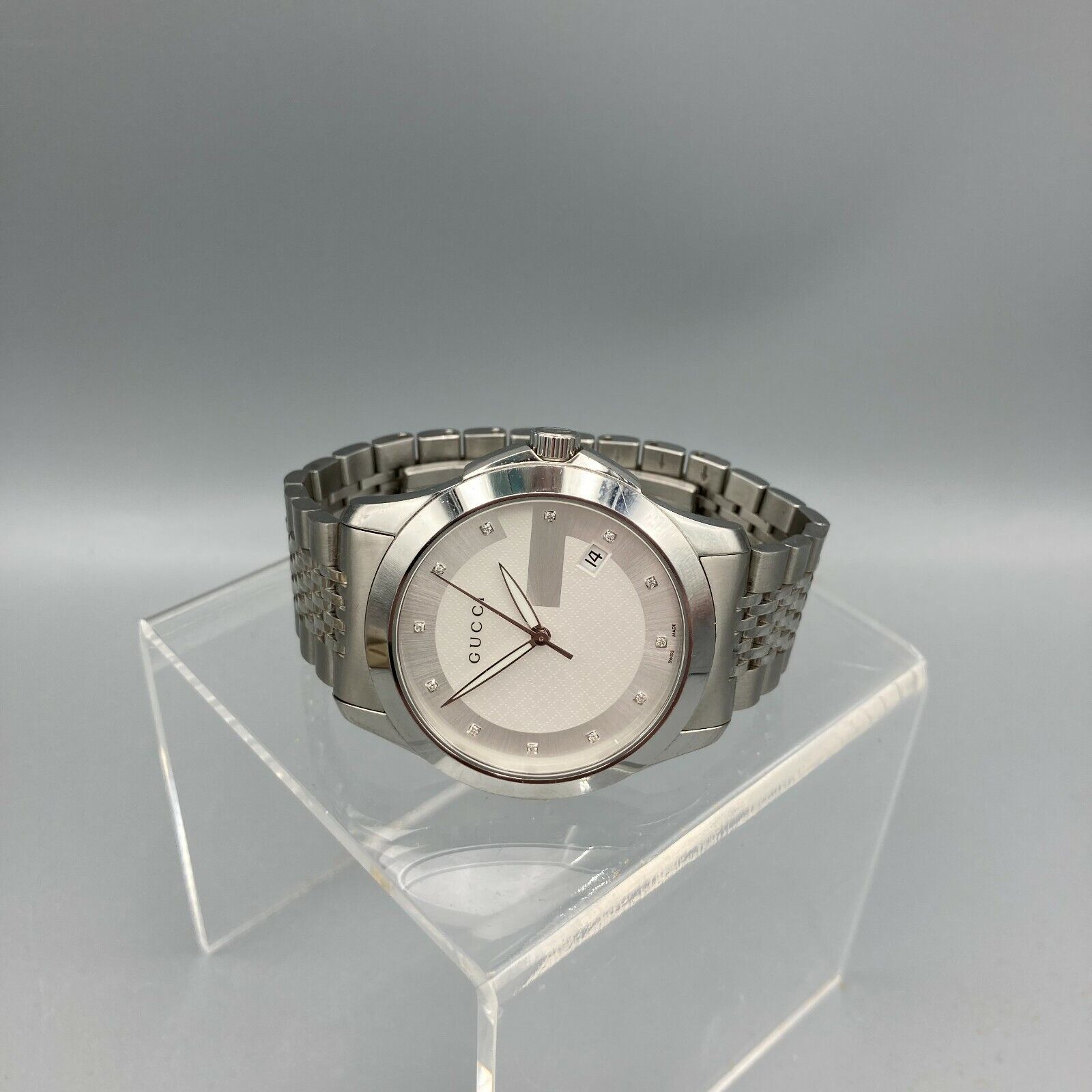 Gucci G Timeless Diamonds Silver Dial Silver Steel Strap Watch For Men - YA126404 Watches Gucci   