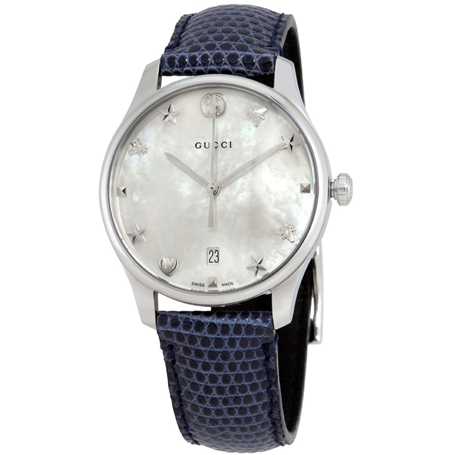 Gucci G-Timeless Signature Mother of Pearl Silver Dial Blue Leather Strap Watch For Women - YA1264049 Watches Gucci   