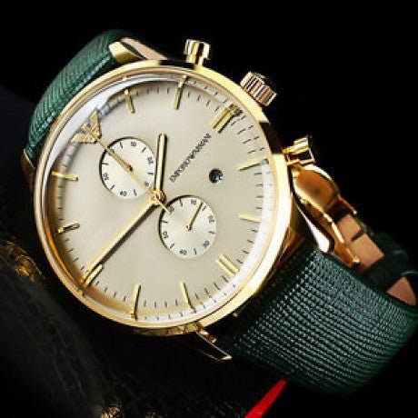 Emporio Armani Chronograph Champagne Dial Green Leather Strap Watch For Men - AR1722 Watches Emporio Armani   