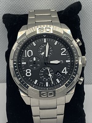 Fossil Bronson Chronograph Black Dial Silver Steel Strap Watch for Men - FS5710 Watches Fossil   