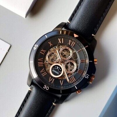 Fossil Grant Sport Automatic Skeleton Black Dial Black Leather Strap Watch for Men - ME3138 Watches Fossil   