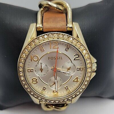 Fossil Riley Gold Dial Grey Leather Strap Watch for Women - ES3465 Watches Fossil   