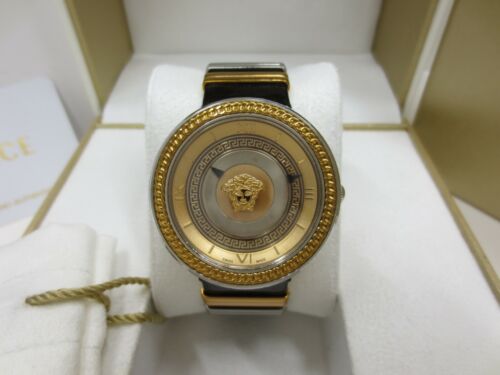 Versace V Metal Icon Gold Dial Black & Silver & Gold Strap Watch for Women - VLC020014 Watches Versace   