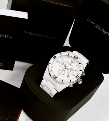 Emporio Armani Ceramic Chronograph White Dial White Ceramic Strap Watch For Men - AR1424 Watches Emporio Armani   