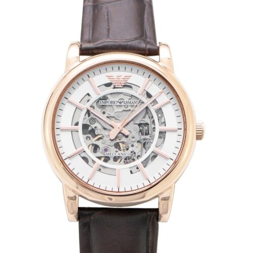 Emporio Armani Meccanico Silver Skeleton Dial Brown Leather Strap Watch For Men - AR1983 Watches Emporio Armani   