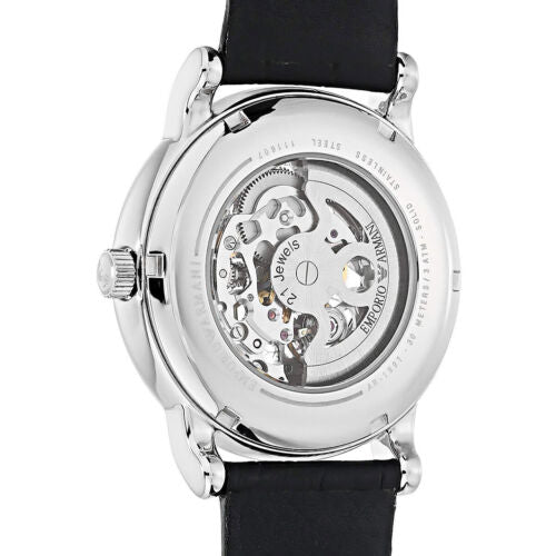 Emporio Armani Meccanico Silver Skeleton Dial Black Leather Watch For Men - AR1997 Watches Emporio Armani   