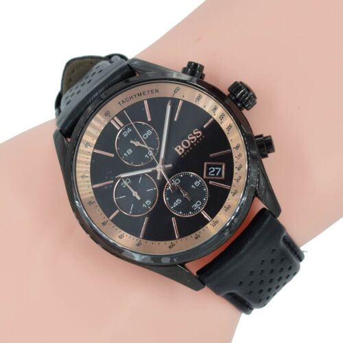 Hugo Boss Grand Prix Chronograph Black Dial Black Leather Strap Watch for Men - 1513550 Watches Hugo Boss   