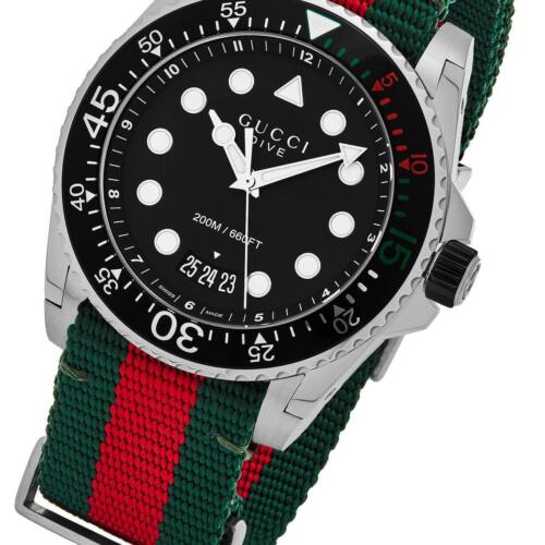 Gucci Dive Black Dial Red & Green Nylon Strap Watch For Men - YA136209 Watches Gucci   