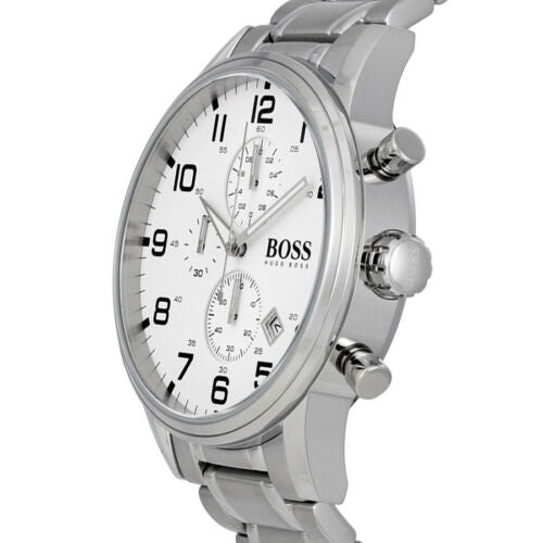 Hugo Boss Aeroliner Chronograph White Dial Silver Steel Strap Watch for Men - 1513182 Watches Hugo Boss   