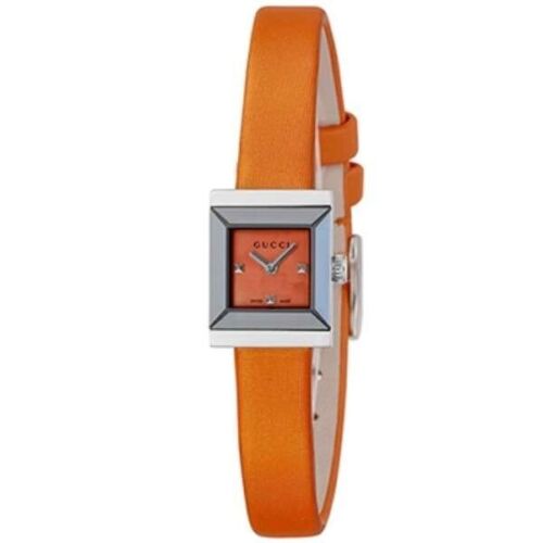 Gucci G-Frame Square Mother of Pearl Orange Dial Orange Leather Strap Watch For Women - YA128532 Watches Gucci   