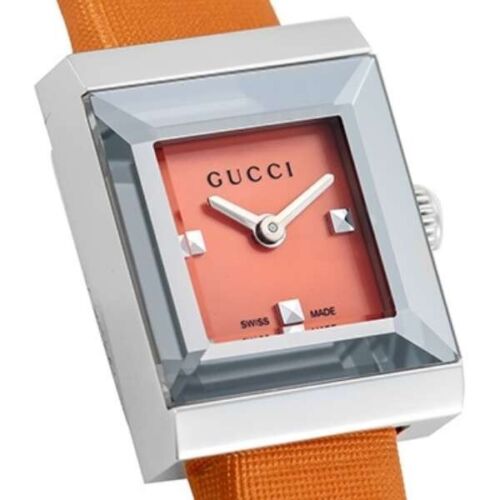 Gucci G-Frame Square Mother of Pearl Orange Dial Orange Leather Strap Watch For Women - YA128532 Watches Gucci   