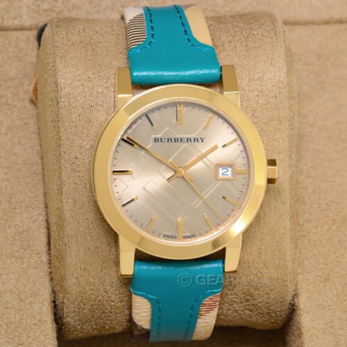 Burberry The City Gold Dial Turquoise Leather Strap Watch for Women - BU9018 Watches Burberry   