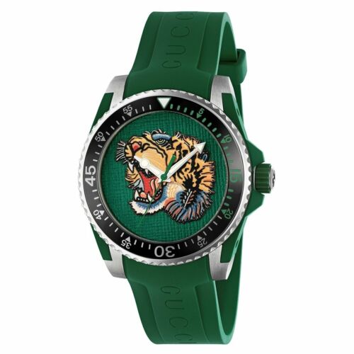 Gucci Dive Tiger Green Dial Green Rubber Strap Watch For Men - YA136316 Watches Gucci   