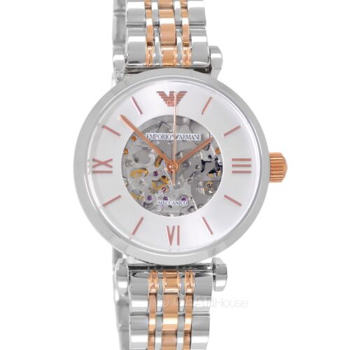 Emporio Armani Gianni T Bar Silver Skeleton Dial Two Tone Strap Watch For Women - AR1992 Watches Emporio Armani   