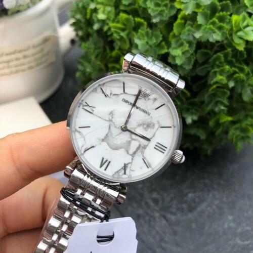 Emporio Armani Gianni T Bar White Marble Dial Stainless Steel Watch For Women - AR11170 Watches Emporio Armani   