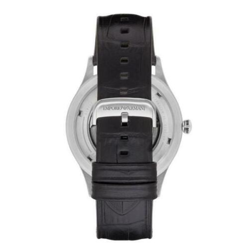 Emporio Armani Meccanico Silver Skeleton Dial Black Leather Strap Watch For Men - AR2072 Watches Emporio Armani   