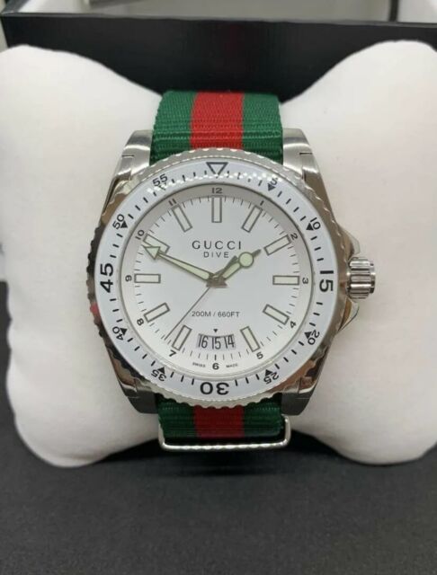 Gucci Dive White Dial Red & Green Nylon Strap Watch For Men - YA136207 Watches Gucci   