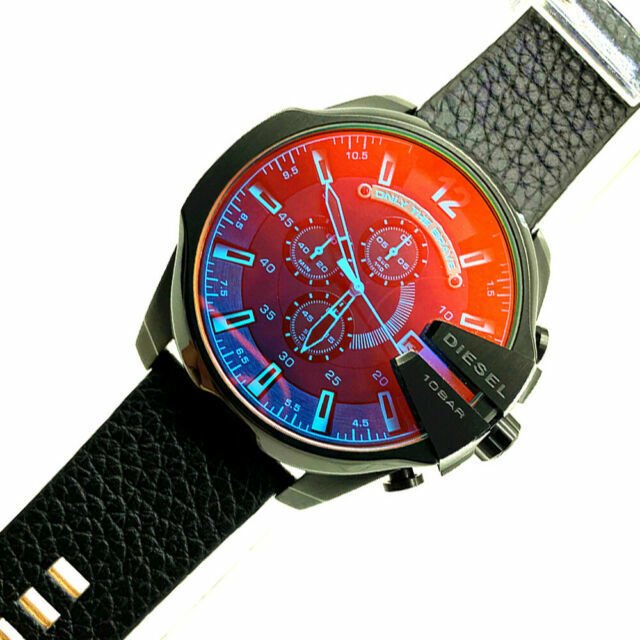Diesel Mega Chief Black Dial Black Leather Strap Watch For Men - DZ4323 Watches Diesel   