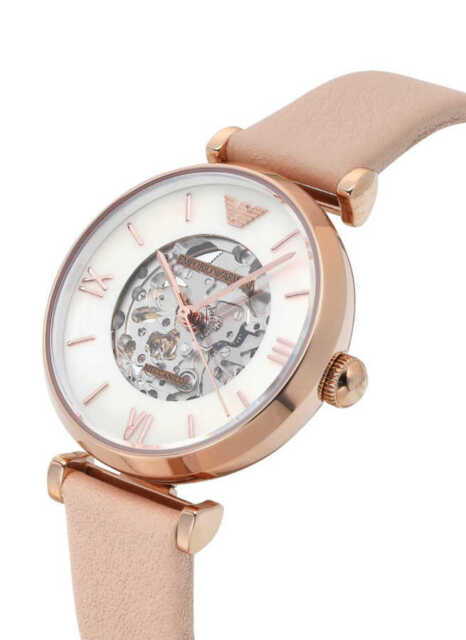 Emporio Armani Meccanico Silver Skeleton Dial Beige Leather Strap Watch For Women - AR60001 Watches Emporio Armani   