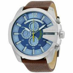 Diesel Mega Chief Light Blue Dial Brown Leather Strap Watch For Men - DZ4281 Watches Diesel   