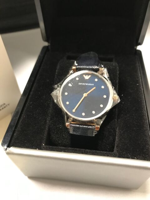 Emporio Armani Gianni T Bar Analog Blue Dial Black Leather Strap Watch For Women - AR1989 Watches Emporio Armani   