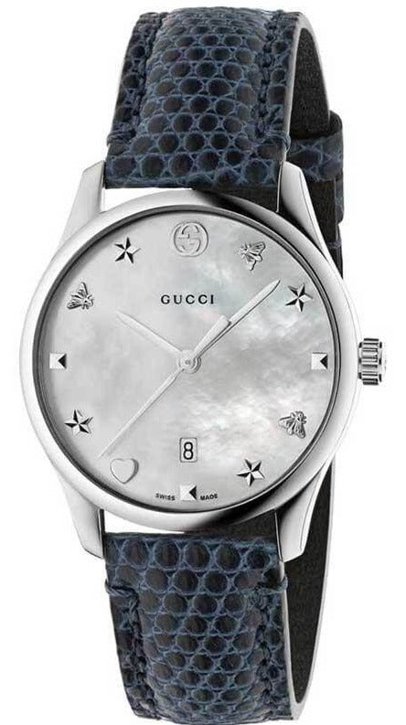 Gucci G-Timeless Signature Mother of Pearl Silver Dial Blue Leather Strap Watch For Women - YA1264049 Watches Gucci   