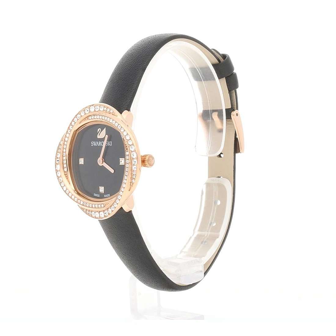 Swarovski Crystal Flower Black Dial Black Leather Strap Watch for Women - 5552421 Watches Swarovski   