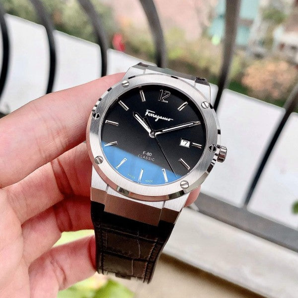 Salvatore Ferragamo F-80 Classic Black Dial Black Leather Strap  Watch for Men - SFDT00219 Watches Salvatore Ferragamo   
