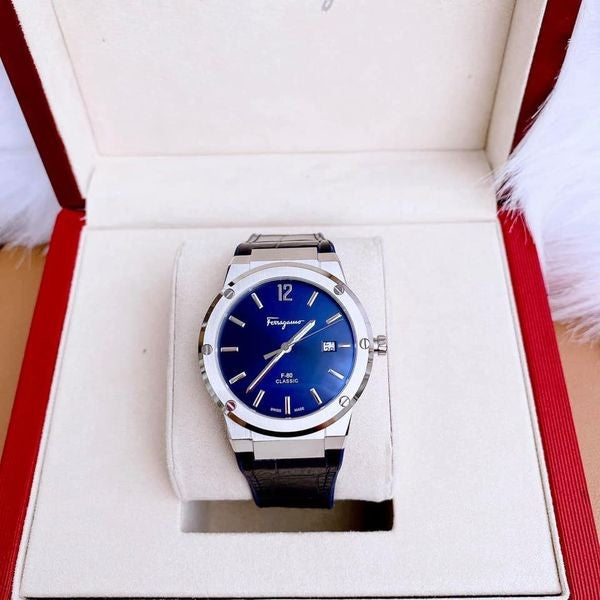 Salvatore Ferragamo F-80 Classic Blue Dial Blue Leather Strap Watch for Men - SFDT00319 Watches Salvatore Ferragamo   