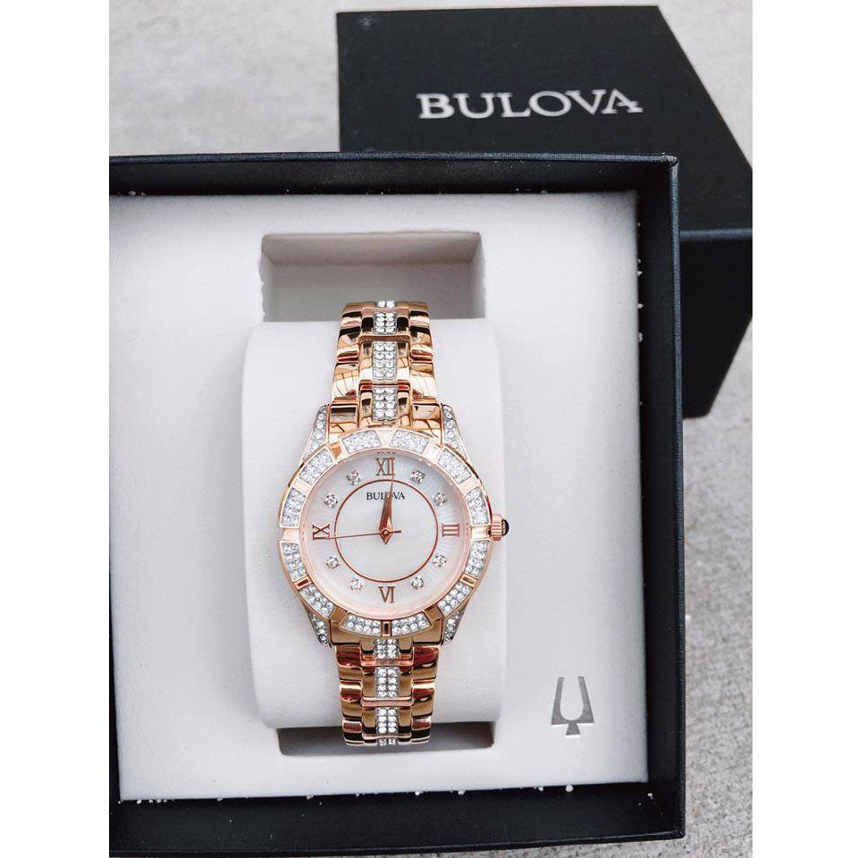 Bulova Crystal Mother of Pearl Dial Rose Gold Steel Strap Watch for Women - 98L197 Watches Bulova   