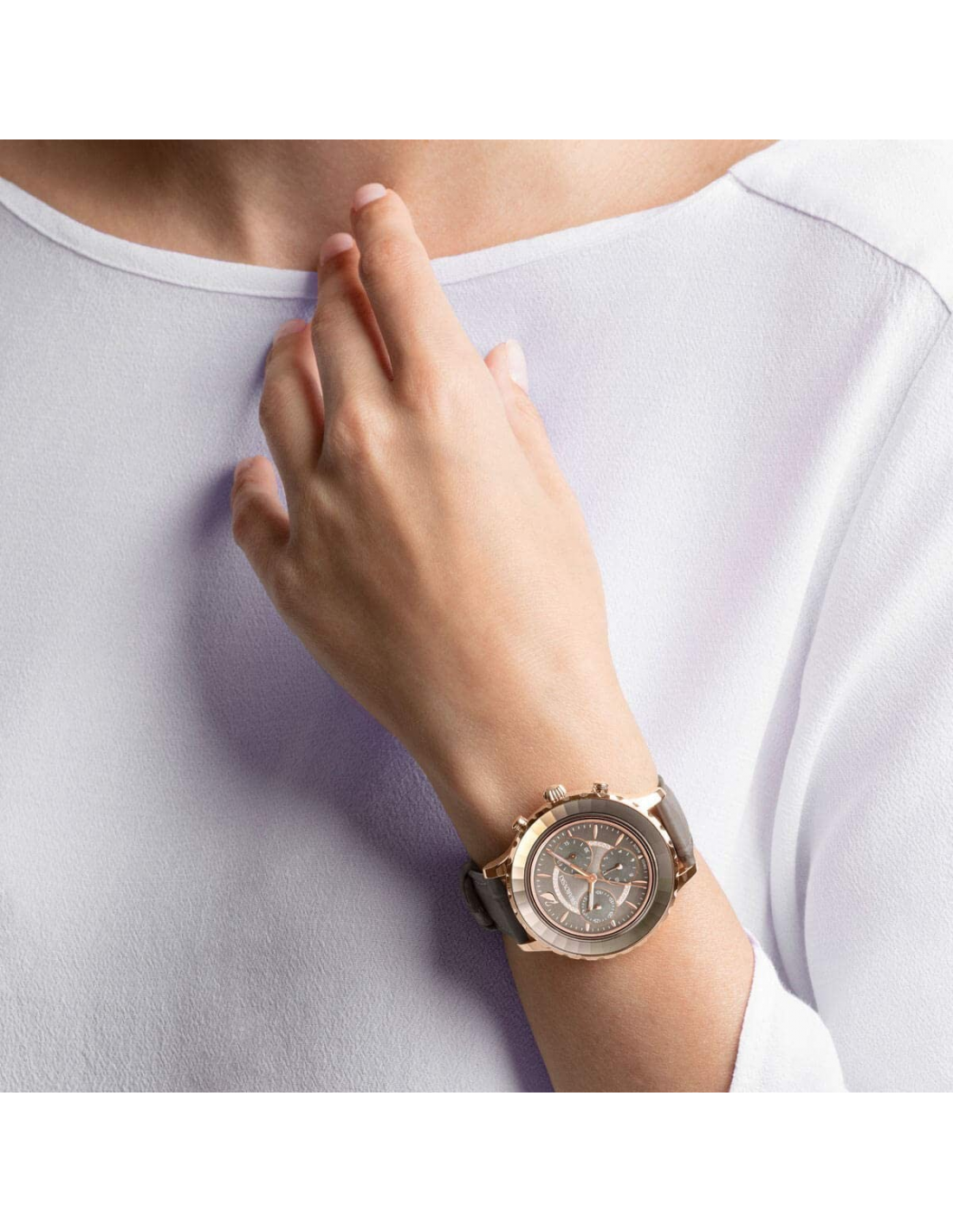 Swarovski Octea Lux Chrono Grey Dial Grey Leather Strap Watch for Women - 5452495 Watches Swarovski   