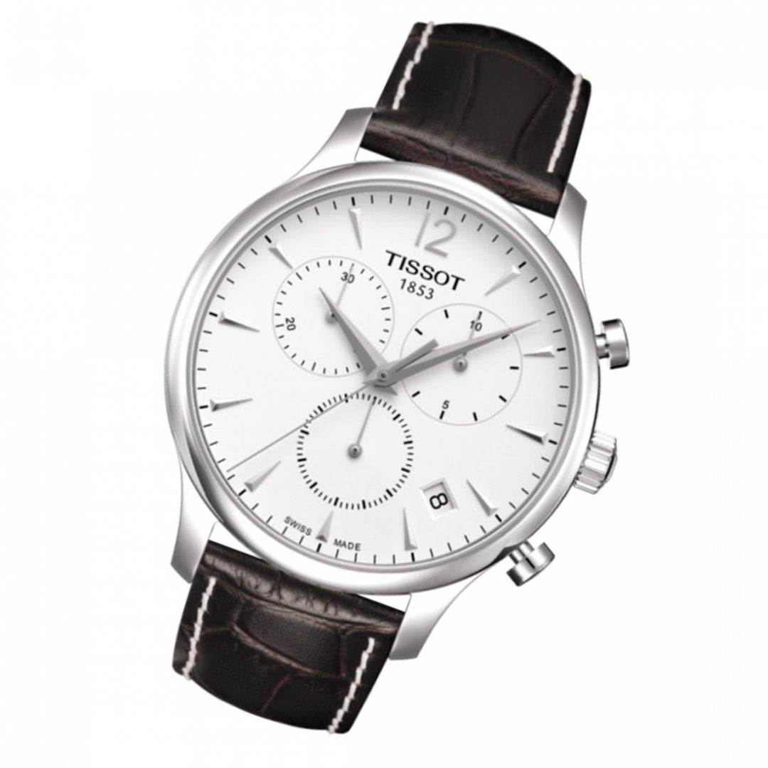 Tissot T Classic Tradition Chronograph White Dial Brown Leather Strap Watch For Men - T063.617.16.037.00 Watches Tissot   