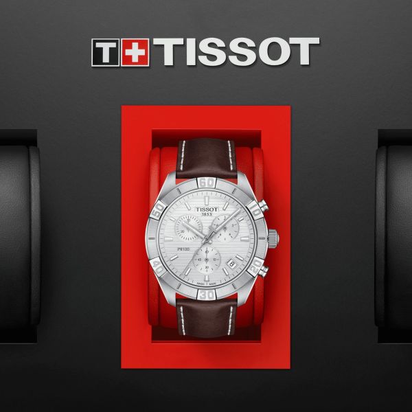 Tissot PR 100 Sport Quartz Chronograph Silver Dial Brown Leather Strap Watch For Men - T101.617.16.031.00 Watches Tissot   