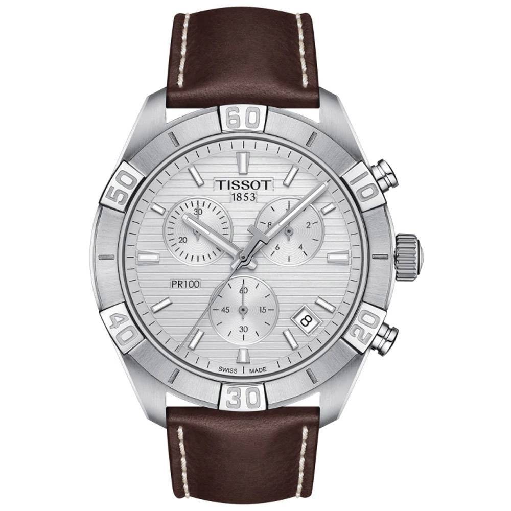 Tissot PR 100 Sport Quartz Chronograph Silver Dial Brown Leather Strap Watch For Men - T101.617.16.031.00 Watches Tissot   