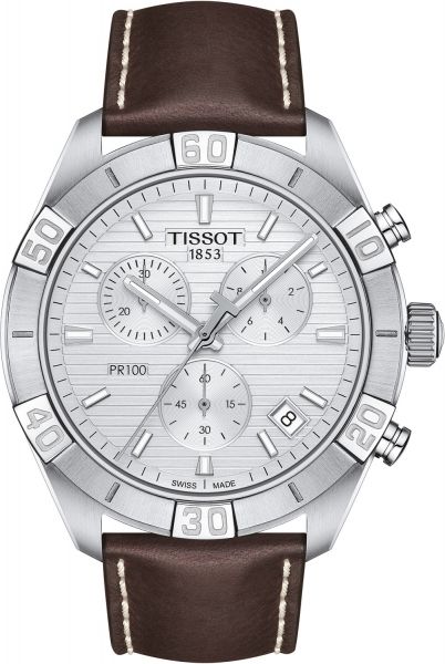 Tissot PR 100 Sport Quartz Chronograph Silver Dial Brown Leather Strap Watch For Men - T101.617.16.031.00 Watches Tissot   