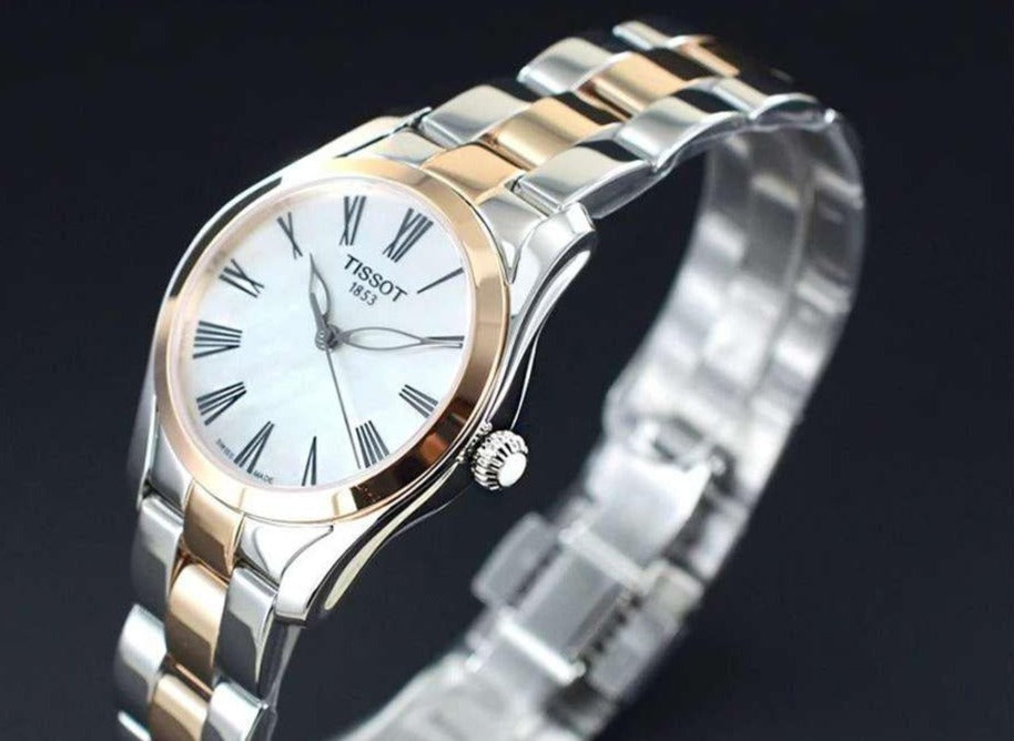 Tissot T Wave Mother of Pearl Dial Two Tone Stainless Steel Strap Watch For Women - T112.210.22.113.01 Watches Tissot   