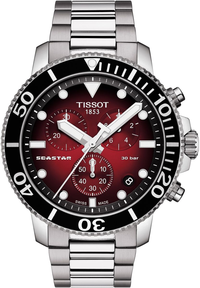 Tissot Seaster 1000 Chronograph Red Dial Silver Steel Strap Watch For Men - T120.417.11.421.00 Watches Tissot   