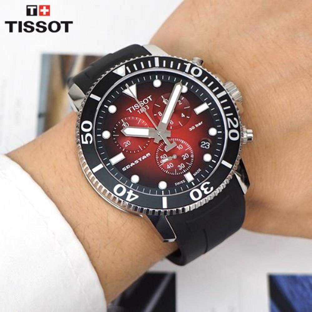 Tissot Seaster 1000 Red Dial Black Rubber Strap Chronograph Watch For Men - T120.417.17.421.00 Watches Tissot   