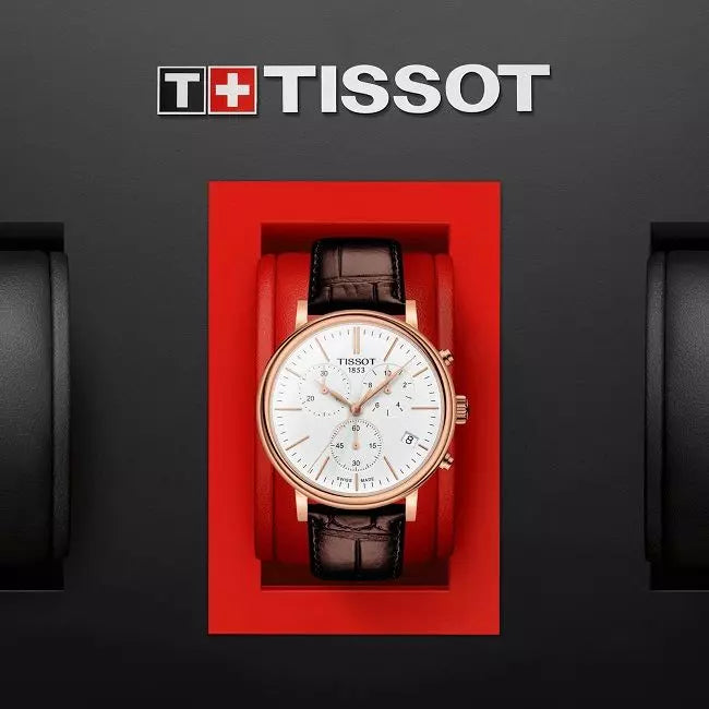 Tissot Carson Chronograph Premium White Dial Brown Leather Strap Watch For Men - T122.417.36.011.00 Watches Tissot   